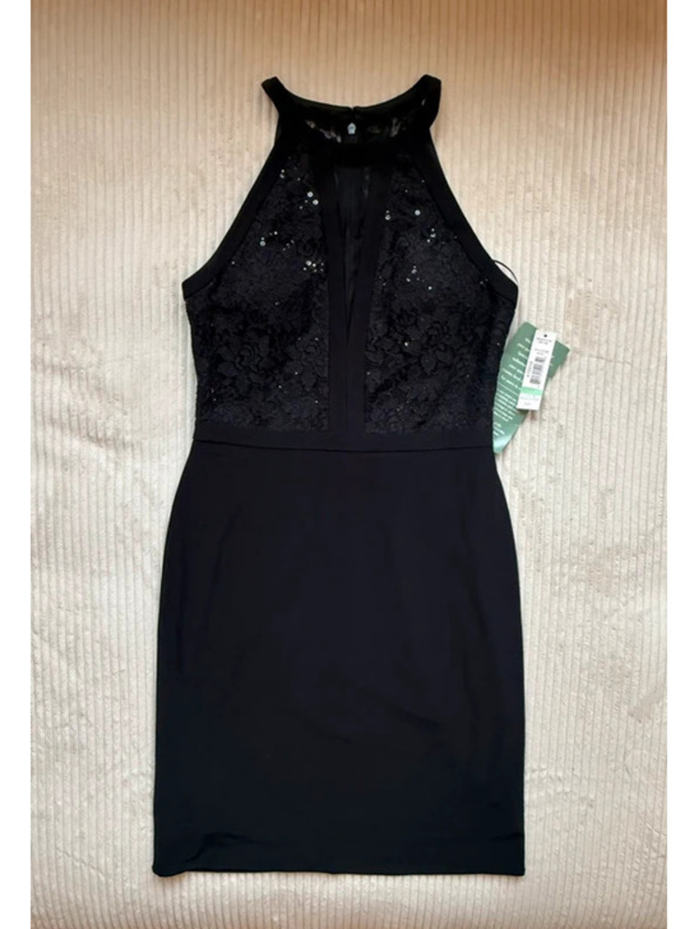 R&M Collection Sequined Lace Bodice Halter-Neck Dress